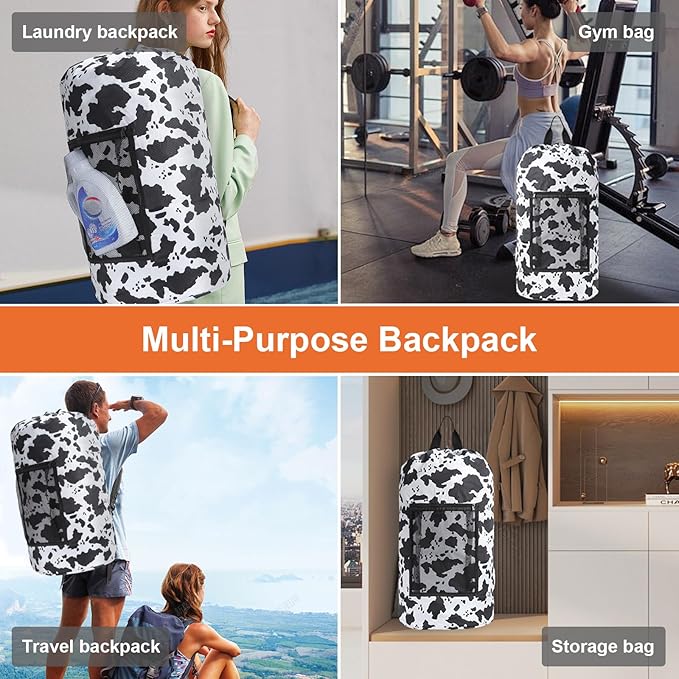 Laundry Bag Backpack Durable Laundry Bag with Shoulder Straps and Mesh Pockets Portable Laundry Hamper Dirty Clothes Bag for College, Travel, Laundromat, Apartment (Cow Print)