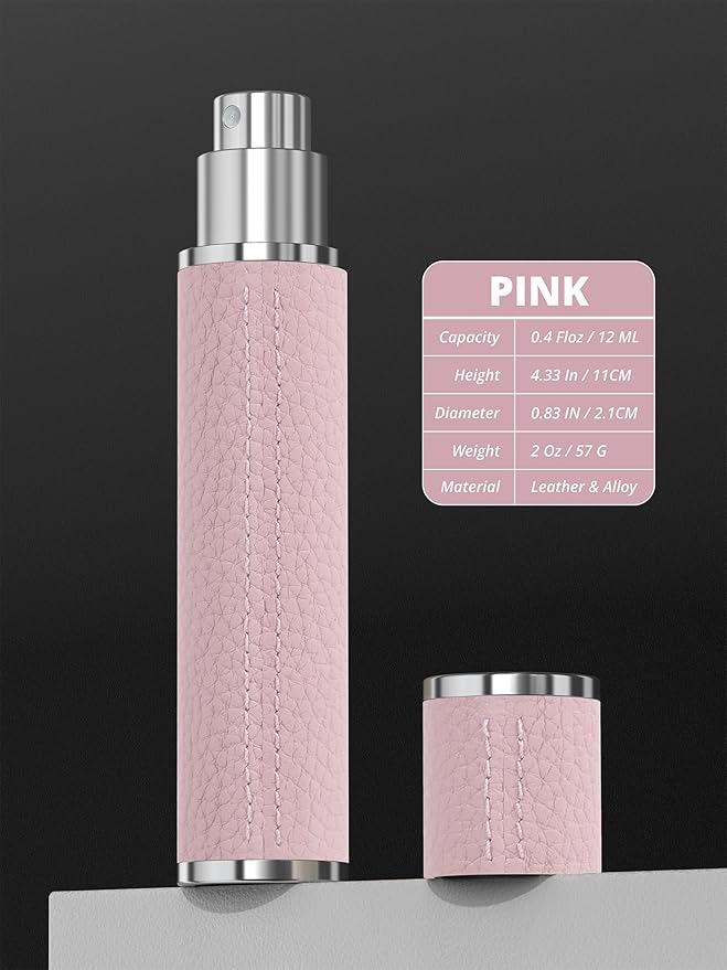 12ml Genuine Leather Perfume Atomizer Refillable, Portable Mini Cologne Sprayer with Magnetic Cap & 3 Refill Tools, Luxury Travel Size Fragrance Spray Bottle for Men & Women (Pink)