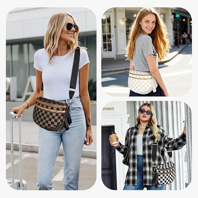 Spacious Nylon Checkered Crossbody Bum Bag for Women, Fashion Checkerboard Fanny Pack Purse with Anti-theft Pocket, Adjustable Wider Strap Wasit Bag (Beige)