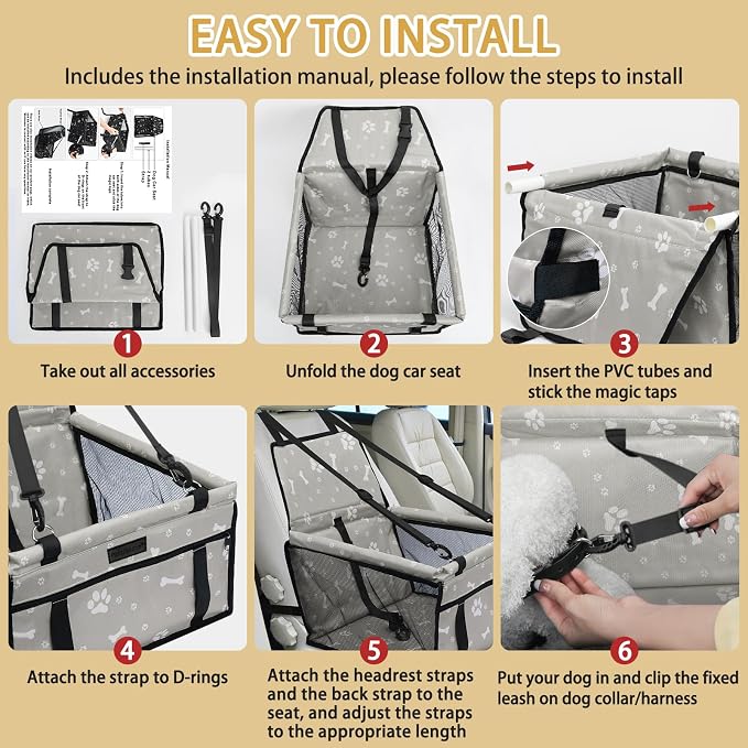 Dog Car Seat Foldable Dog Car Booster Seat Waterproof Breathable Oxford Travel Bag for Small to Medium Dogs, Puppies, and Pets-Pattern Grey