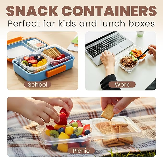 Reusable Snack Containers with Lids 30 Pack – 2 Compartment Portion Control Food Storage Boxes, Leakproof Snack Tray, Stackable Containers for Travel, Office & Home (30)