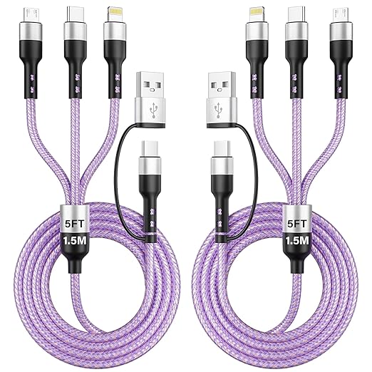 Travel Essentials, 3 in 2 Multi Charging Cable USB C Charger for iPhone 17, Multi Charger Cord with Type C/IP/Micro USB, Compatible for iPhone 17 to 11, Android, Galaxy, iPad, 2Pack-5FT