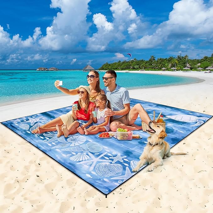 HIHOHO Beach Blanket Waterproof Sandproof Beach Mat 79”x 83” for 1-8 Adults Quick Drying Durable Outdoor Picnic Mat for Beach Festival Travel Camping Hiking (Ink Turtle-BL, 79"×83"(4 Person))