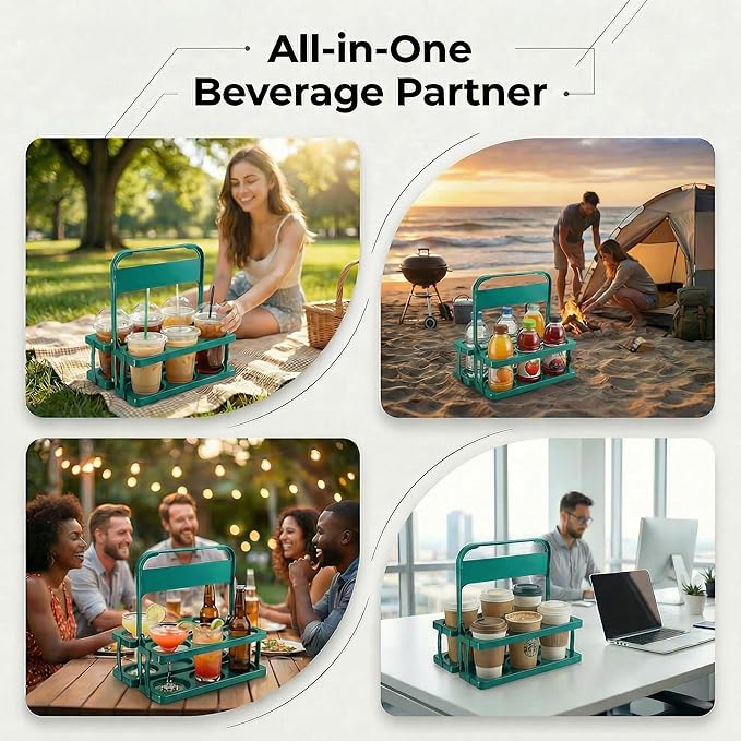 6 Cup Drink Carrier for Delivery - Foldable Drink Holder with Handle, Reusable Cup Carrier for Drinks, Portable Beverage Caddy Accessories for Parties, Camping, Car, Coffee & Bottles (Teal)