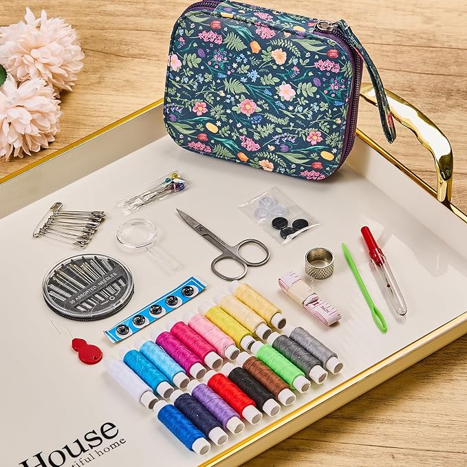 Bobode Travel Floral Basic Sewing Kit for Adults | Printing Tulips Pattern Sewing Kit with Sewing Thread,Professional Sewing Supplies for Beginners,Emergency,Arts Craft DIY
