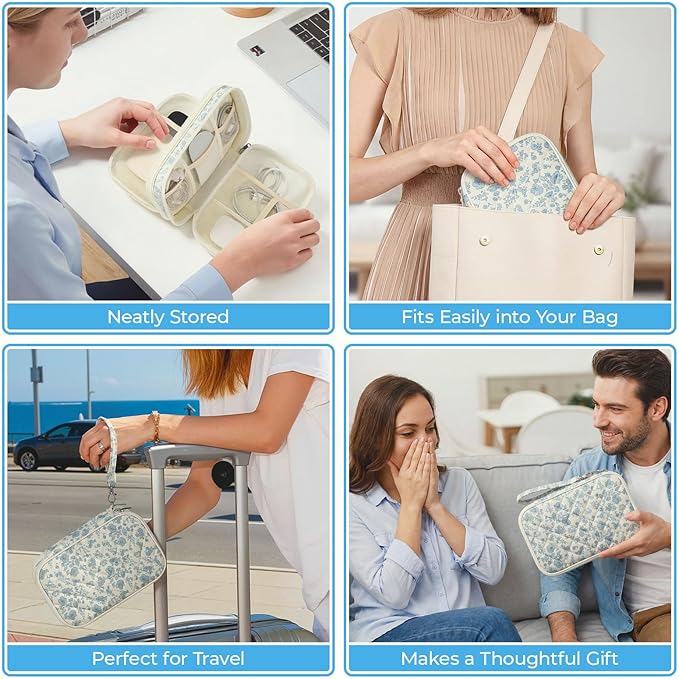 Quilted Travel Cable Organizer Pouch, Portable Electronic Accessories Carry Case, Double Layer All-in-One Storage Bag for Chargers, Cords, Phone, Gadgets (Blue Floral)