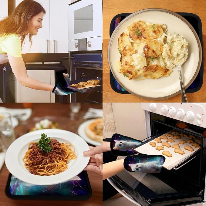 Cute White Cat Pot Holders with Pockets 2 PCS, Heat Resistant Oven Mitts Hot Pads for Kitchen Baking Cooking, Square Thick Pot Holders Kitchen Hot Potholders, 8.5x10 Inches
