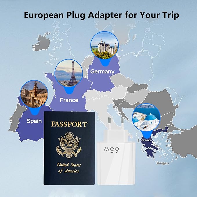 European Travel Plug Adapter, Type C Charger Block PD 20W QC3.0 Fast Charging, 2 USB C 3 USB A Power Adaptor to Europe Compatible with iPhone 17 16 15 14 13 12 Pro Max XS XR X Plus, Galaxy
