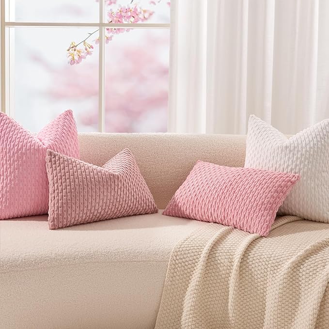 Kevin Textile Valentines 14x20 Inch Pillow Cover 1 Pack Boho Decorative Soft Striped Corduroy Lumbar Farmhouse Accent Rectangle Cushion Case for Living Room Couch Sofa Bed, Pink