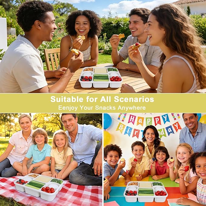 Large Snackle Box Container with 2 Sauce Cups, 8-Compartment Divided Serving Tray with Lid & Handle, Portable Snack Tray for Travel Picnic, Leak-Proof, Dishwasher Safe, BPA-Free