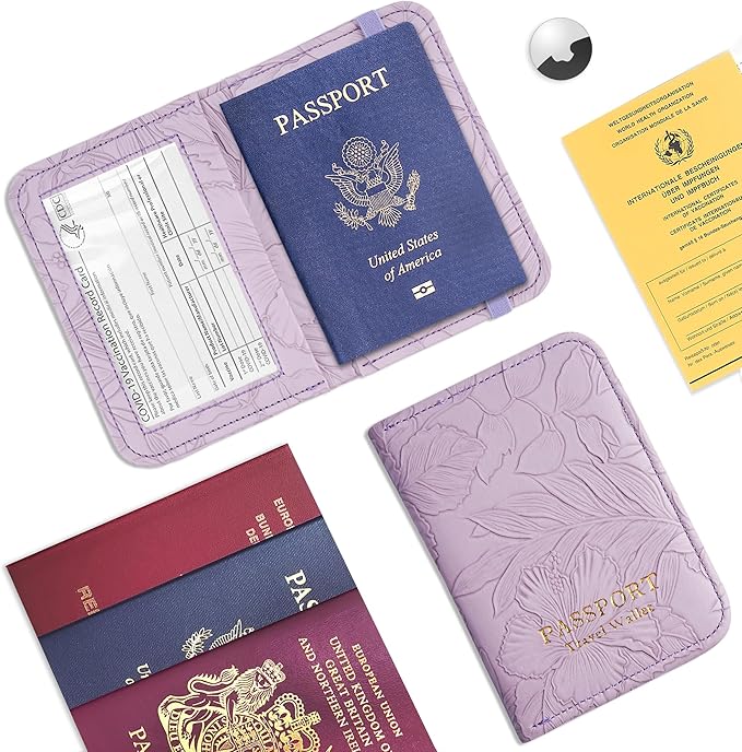 lizimandu Passport Holder with Airtag Slot, Airtag Passport Wallet for Men Women, Slim Leather Passport Holder Case Family for Travel Anti-Lost(1-Carved Purple)