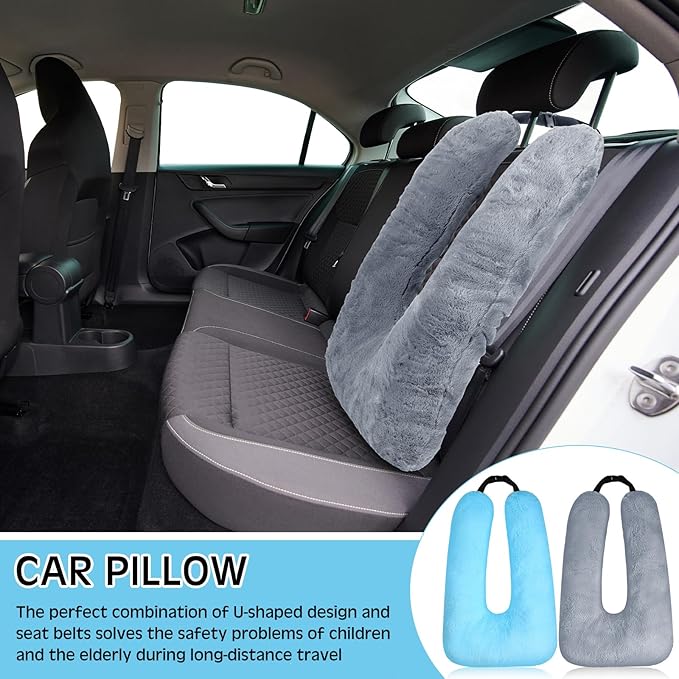 Barydat 2 Pcs Car Travel Pillow for the Back Seat 28 x 18 in Sleeping Reading Pillows for Long Distance Travel Car Cushion for Kids Adults Head and Body Support U Shaped Pad for Travel(Gray, Blue)
