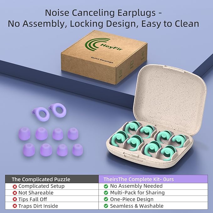 Noise Cancelling Ear Plugs for Sleep, Small Ear Fit - No-Pain for Side Sleepers, 50dB NRR Reusable Silicone One-Piece Design, 4 Sizes for Adults & Kids, Portable Case (Green, 4 Pair)
