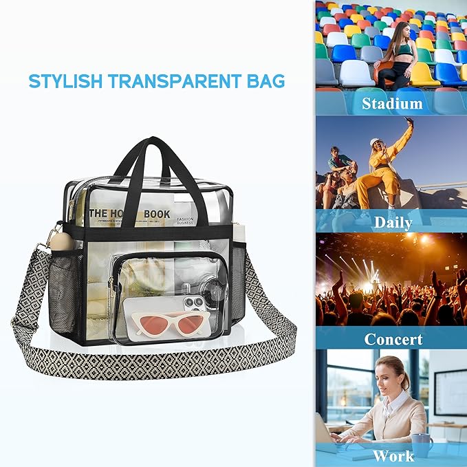 Bagenius Clear Tote Bag Stadium Approved, Game Day Satchel Bag with Non-detachable Reinforced Strap for Concert, Work, Sport