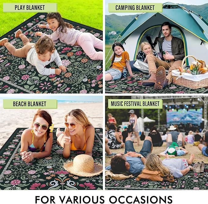 Floral Picnic Blankets Waterproof Foldable, 60″X80″ Packable Picnic Mat Boho Outdoor Blanket for Grass, Large Beach Blanket Sandproof Picnic Accessories for Camping Music Festival Park Lawn Travel