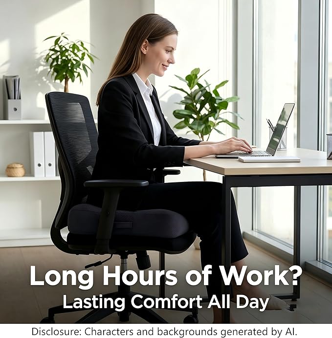 WSGJHB Large Seat Cushion, Extra Thick Booster Seat Cushions for Office Chairs Long Sitting Office Workers, Car Drivers, Relieves Back Pain, Breathable, Anti-Slip, 20x20x6 inchs, Black