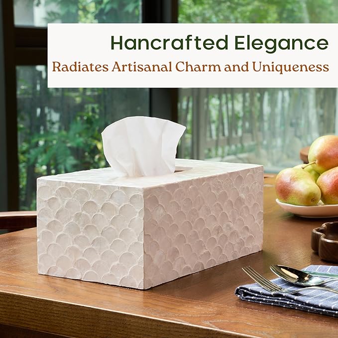 CHI AN HOME Rectangular Capiz Tissue Box Cover, Decorative Mother of Pearl Inlay Tissue Box Holder for Bedroom, Bathroom, Kitchen, and Office, Rectangle Tissue Box Cover White (10.25ā x 5.9ā x 4.33ā)