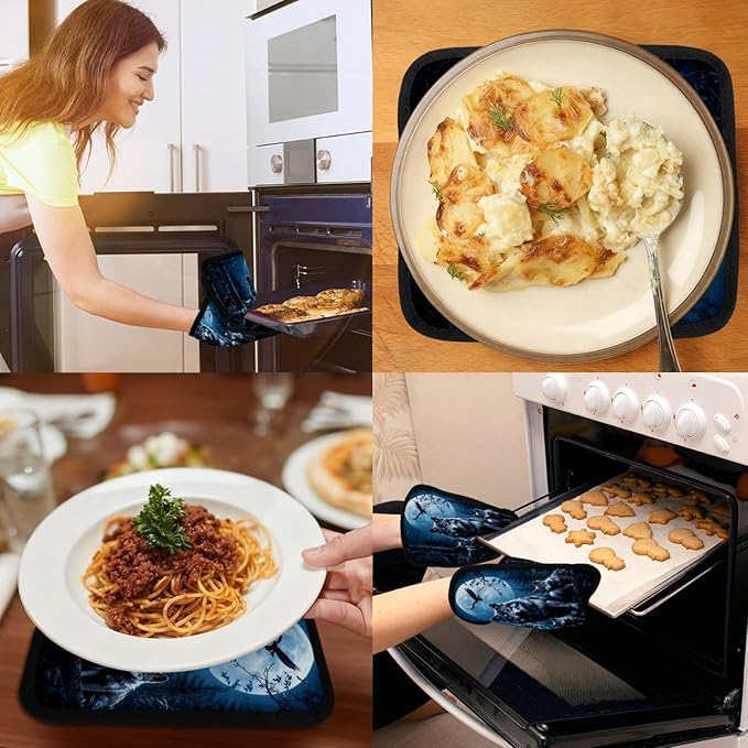 Wolf Family Pot Holders with Pockets 2 PCS, Heat Resistant Oven Mitts Hot Pads for Kitchen Baking Cooking, Square Thick Pot Holders Kitchen Hot Potholders, 8.5x10 Inches