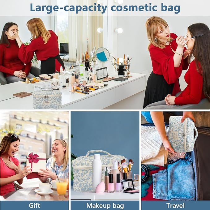 Gosect Large Makeup Bag, Cute Cosmetic Bag for Women Girls, Floral Coquette Aesthetic Toiletry Bag, Travel Make Up Organizer Bag (Heart Shape)