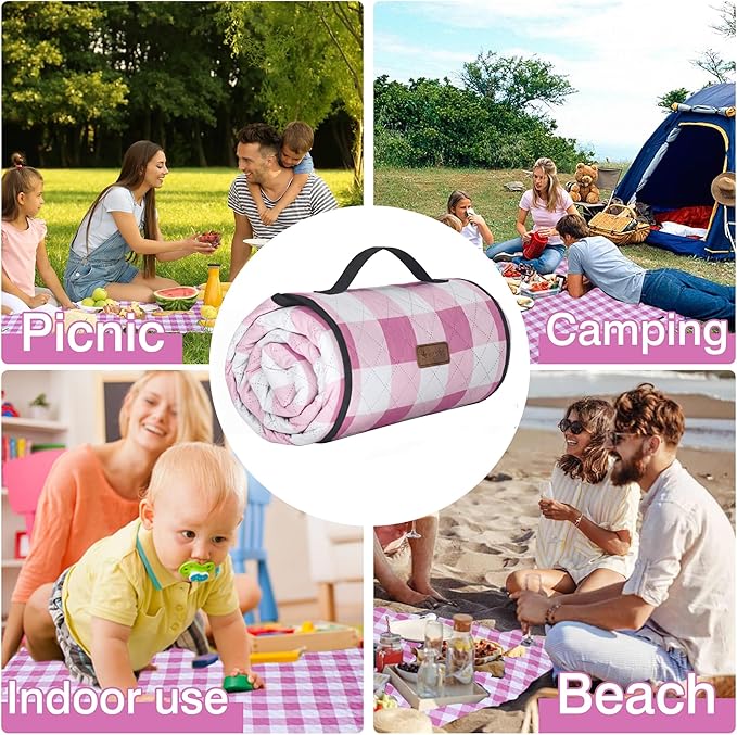 HX&OD Outdoor Picnic Blanket, Extra Large, 80''x80'' Waterproof Foldable Blankets Gingham Picnic Mat for Beach, Camping Grass Lawn Park Accessories Cute Couple Ideas Wedding (Pink, 80”x80”)