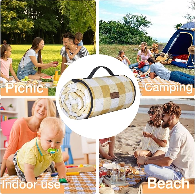 HX&OD Outdoor Picnic Blanket, Extra Large, 80''x80'' Waterproof Foldable Blankets Gingham Picnic Mat for Beach, Camping Grass Lawn Park Accessories Cute Couple Ideas Wedding (Yellow, 80”x80”)