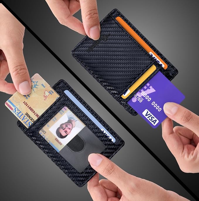 Travelambo Slim Wallet Front Pocket Minimalist Leather RFID Blocking Medium Size (Carbon Fiber Black)