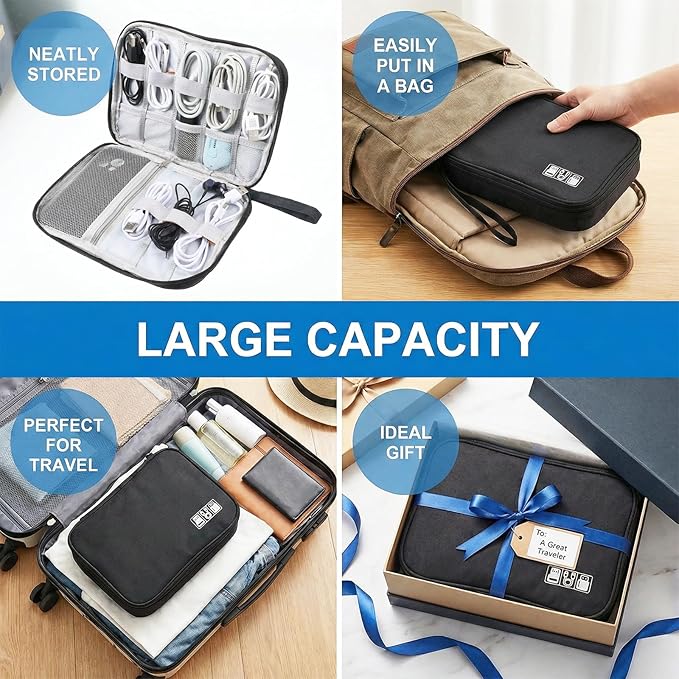 Charger Organizers Travel Case Cord Travel Harger Case Cable Organizer Bag Electronics Organizers Tech Pouch Portable Waterproof for Cords, Chargers, Earphones, Phone, SD Cards, USBs, Black