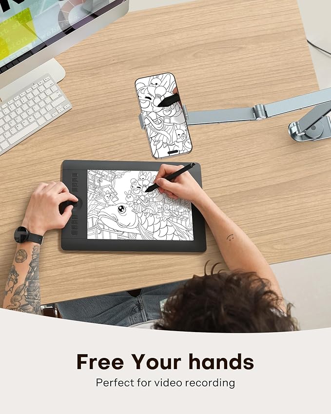 OMOTON Tablet Stand for iPad with 360° Rotation, GH03 Aluminum Alloy Long Arm Phone Mount with 2 Plastic Clamps (Phone & Tablet), Adjustable Holder for 4-13" iPad Pro/iPhone, Grey