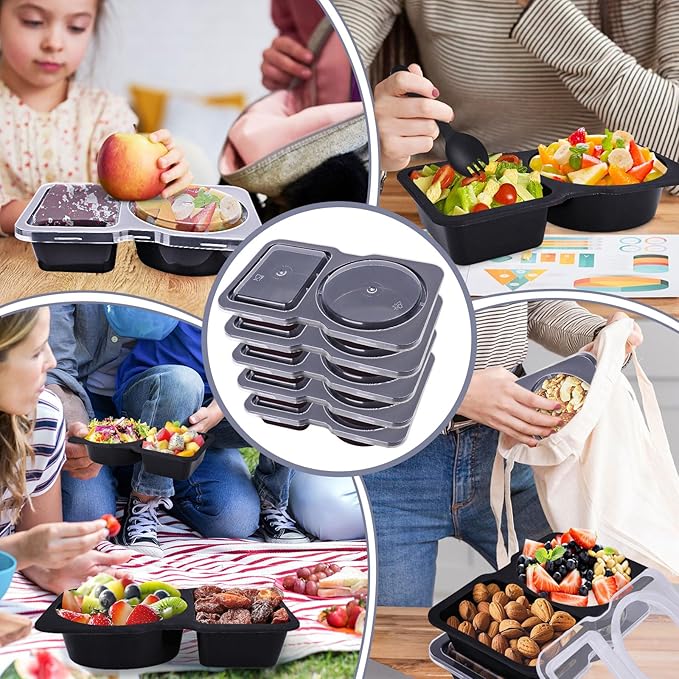 20 Pack Reusable Snack Containers with Lids - Double Compartment Condiment Snack Pack Containers with 20 Forks, Microwave Safe Portion Control Containers for Meal Prep, Take-out, Party & Travel(Black)