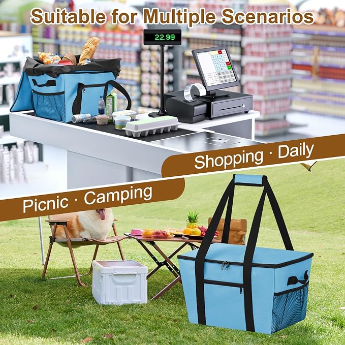 Reusable Grocery Bag – Expandable Insulated Cooler Bag with Bottom Board, Collapsible Insulated Shopping Bag with Zipper & Drawstring, Heavy Duty Tote Bag for Shopping, Delivery, Picnic, Beach