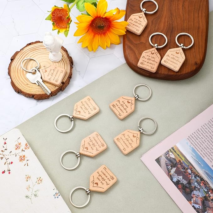 Inbagi 100 Pieces Home Keychain Bulk House Design Keychain Small House Shaped Keychains 2026 Welcome Home Keychains Gifts Homeowner Engraved Wooden Key Tag for Family Client Buyer Customer