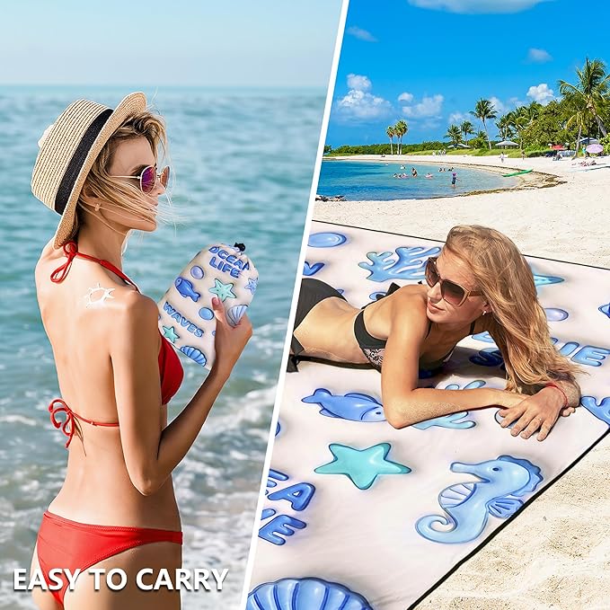HIHOHO Beach Blanket Waterproof Sandproof Beach Mat 79”x 83” for 1-8 Adults Quick Drying Durable Outdoor Picnic Mat for Beach Festival Travel Camping Hiking (3D Ocean, 79"×83"(4 Person))
