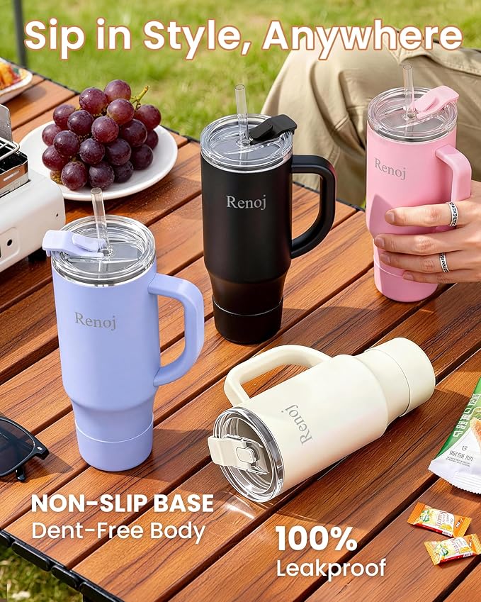 Renoj Insulated Mug 100% Leak Proof Insulated Water Bottle for Iced Coffee & Hot Drinks - Fits Car Cup Holder, Ideal Gift, 2 Straws & Silicone Boot - SnapShift Green Gradient 40 oz