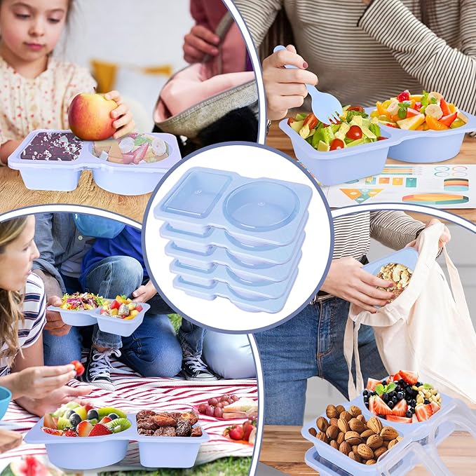 20 Pack Reusable Snack Containers with Lids - Double Compartment Condiment Snack Pack Containers with 20 Forks, Microwave Safe Portion Control Containers for Meal Prep, Take-out, Party & Travel(Blue)