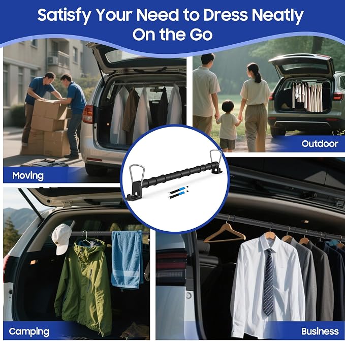 Heavy-Duty Car Clothes Hanger Bar Holds 50 Clothes, Telescopic Clothes Rack for Car Travel (28"-60") Fits Vehicles, SUVs with 2 EVA Anti-Skid Pads & 2 Hook and Loop Straps(Hold Up to 70lbs)