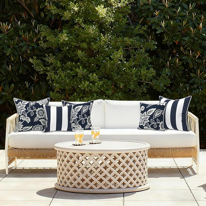 LVTXIII Outdoor/Indoor Throw Pillows, Decorative Patio Accent Pillows, Fluffy Water Repellent Garden Cushions for Home Patio Coach Sofa Use, 16×16 Inch, Pack of 2, Elegant Vines Navy
