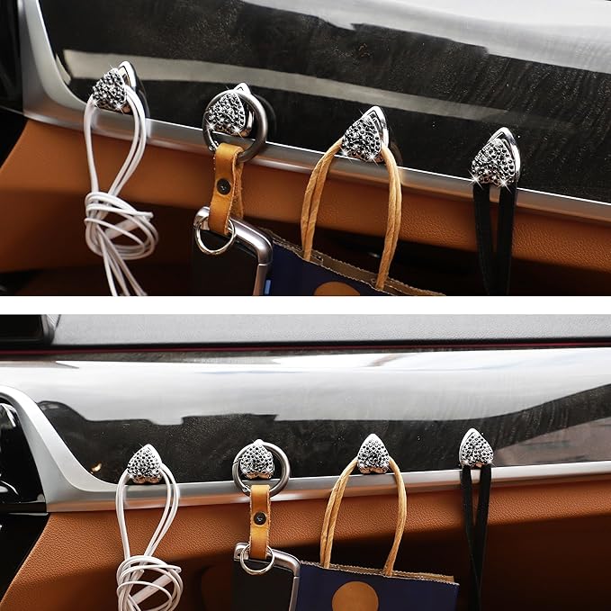 TOMALL Bling Car Hooks 4pcs Heart Shape Accessories Cute Dashboard Hook for Keys Sunglasses Multifunctional Hanging Storage Hook Universal Diamond Accessories for Car for Home DIY (Black)
