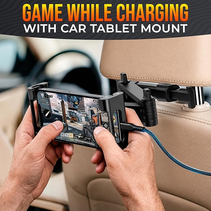 Car Headrest Tablet Holder for 5.5"-11" Devices - Tablet Headrest Mount with 360° Rotation & Charging Port Access - Quick Install & Adjustable Car Tablet Holder Сompatible with Smartphones and Tablets