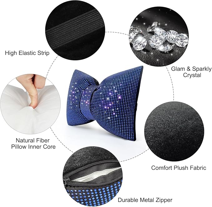 surpassme 2PCS Rhinestone Car Headrest Neck Pillow for Driving with Bling Bling Crystal Bow Pillow Car Accessories for Women (Blue)