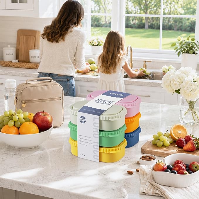 6 Pack Reusable Silicone Snack Containers with Lids, 2 Compartment Bento Snack Boxes, Leakproof Portion Control Food Containers for Fruits, Nuts, School, Office & Travel, Dishwasher Safe