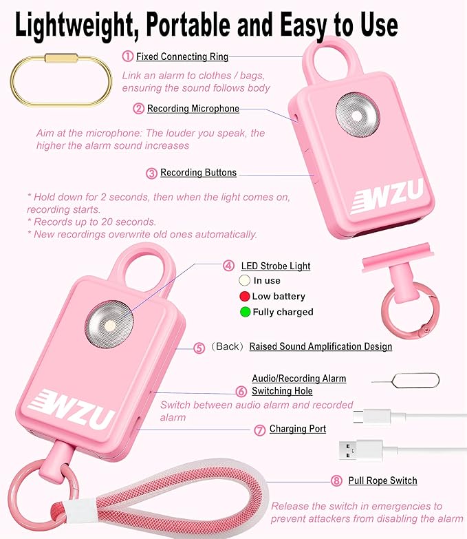 WZU Recordable Personal Safety Alarm - FCC Certified Self Defense Alarm with 2 Emergency Modes - Rechargeable LED Strobe for Women/Men/Elderly - Jogging/Night Running/Travel/Home/Office - 4 Colors