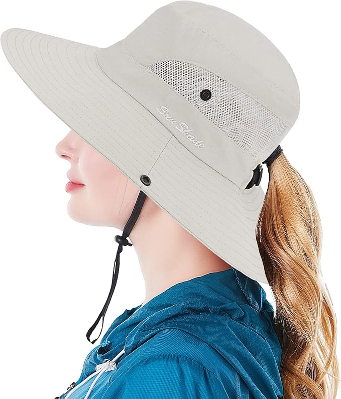 Womens Summer Sun-Hat Outdoor UV Protection Fishing Hat Wide Brim Foldable-Beach-Bucket-Hat with Ponytail-Hole