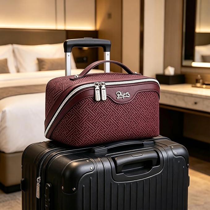 BOYATU Travel Makeup Bags for Women: Vintage Roman Column Texture Large Capacity Cosmetic Bag - Each Journey, Quiet Luxury Serenity - 3 Pcs Set Organizer Toiletry Purse 50% Extra Storage(Burgundy)