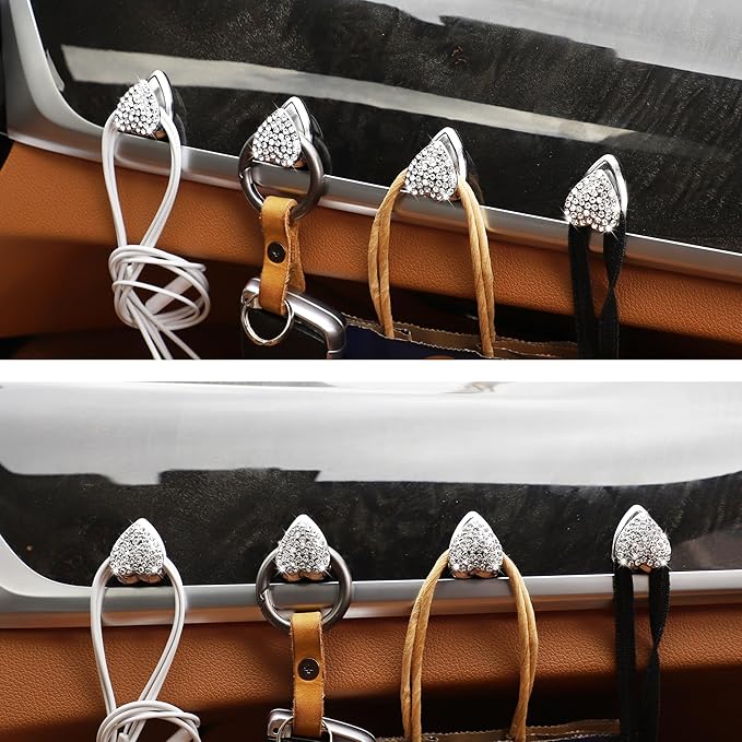 TOMALL Bling Car Hooks 4pcs Heart Shape Cute Dashboard Hooks for Keys, Charging Cable, Sunglasses - Multifunctional Hanging Storage Hooks Universal Diamond Decorations for Home DIY (White)