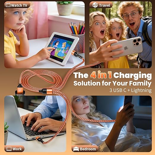 Travel Essentials, 4 in 1 Multi Charging Cable 3 USB C Chargers for iPhone 17, Multi Charger Cord with 3 Type C/IP, Compatible for iPhone 17 to 11, Android, Galaxy, iPad, Data Sync, 5 FT