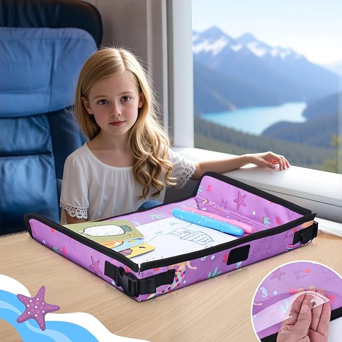 Kids Tray Table Cover, Airplane Tray Cover with Pockets, Airplane Travel Essentials for Kids, Portable Airplane Must Haves for Toddler on Plane or Train and Flying Supplies (Purple)
