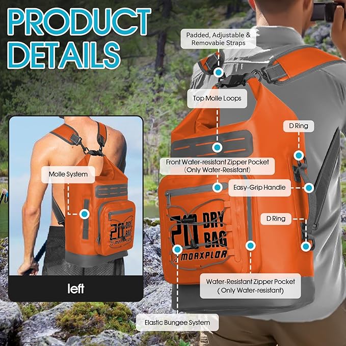 MORXPLOR Dry Bag Waterproof,5L/10L/20L/30L/40L/55L Roll Top Dry Bag Backpack with WaterProof Phone Case for Swim,Kayak