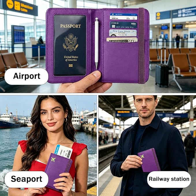 ZOPPEN RFID Blocking Passport Holder for Travel – PU Leather Waterproof Lightweight Passport Cover Wallet for Women Men, Travel Organizer with Card Slots for Airline Tickets & Passport Book, Purple