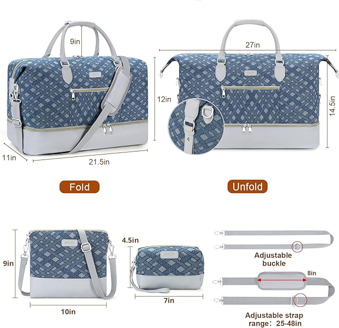 ITIEZY Weekender Overnight Bag for Women - Large Travel Duffel Bag with Shoe Compartment, Gym Duffel Bag Hospital Bag Carry On Tote Bags for Airplanes with Crossbody Bag Toiletry Bag 3Pcs Set