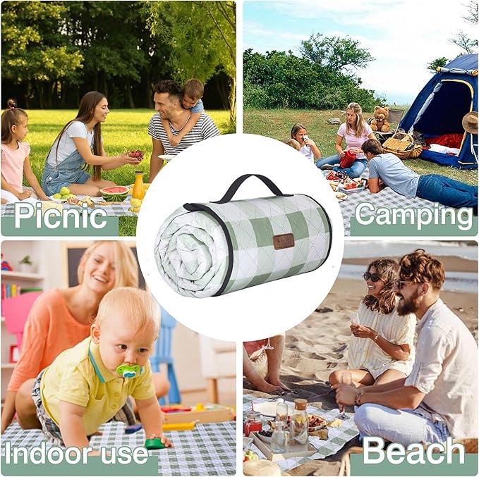 HX&OD Outdoor Picnic Blanket, Extra Large, 80''x80'' Waterproof Foldable Blankets Gingham Picnic Mat for Beach, Camping Grass Lawn Park Accessories Cute Couple Ideas Wedding (Green, 80”x80”)